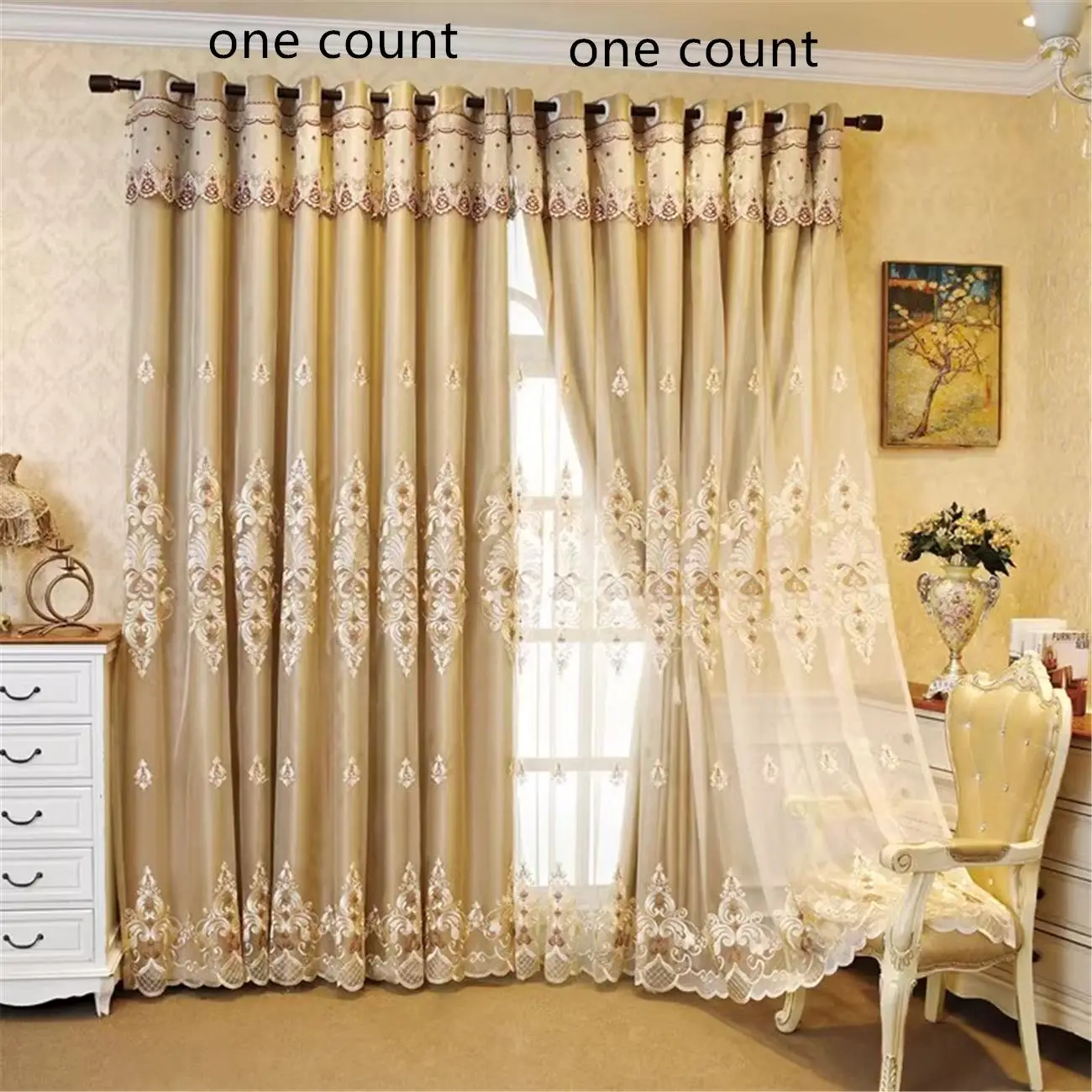 Flower Pattern Lace Window Curtain, 1 Count Modern Simple Double Layer Embroidered Heavy Curtain, Christmas 2024 Ornament, Home Decorative Curtain for