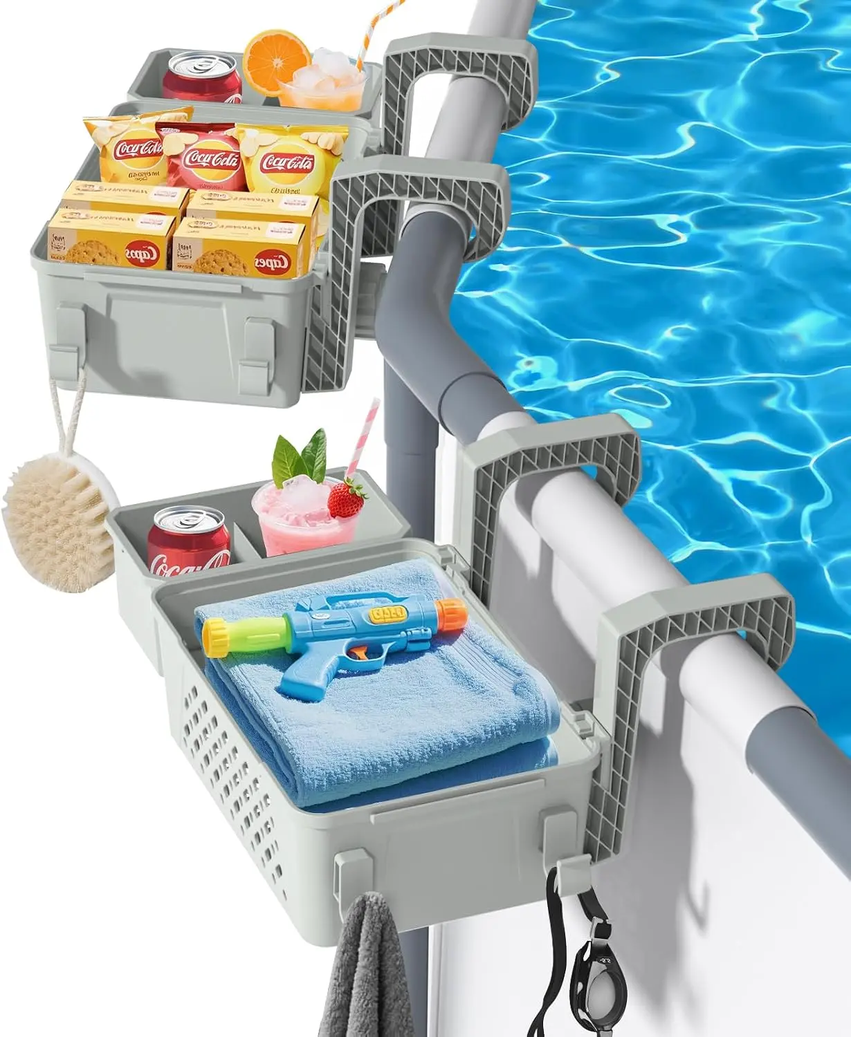 【2026 Upgrade】 2 Sets Poolside Storage Basket with Cup Holders, Above Ground Pool Accessories, Swimming Pool Storage Basket 3-in-1 Functionality, Fits 3 Inch or Less Top Rail ( Grey, 2Pcs )