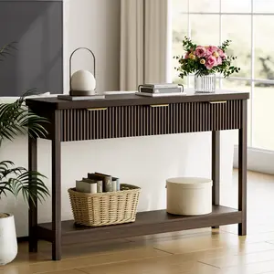 Aowos 51"Fluted Console Table with Storage, Entryway Table Sofa Table with 3 Drawers and Open Shelf, Modern Narrow Display Shelf for Hallway Living Room