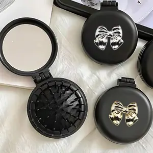 Foldable Air Cushion Comb Mirror Set, DIY Cute Girls Massage Comb with Silver Color Bow Accessory, Portable Travel Beauty Tool
