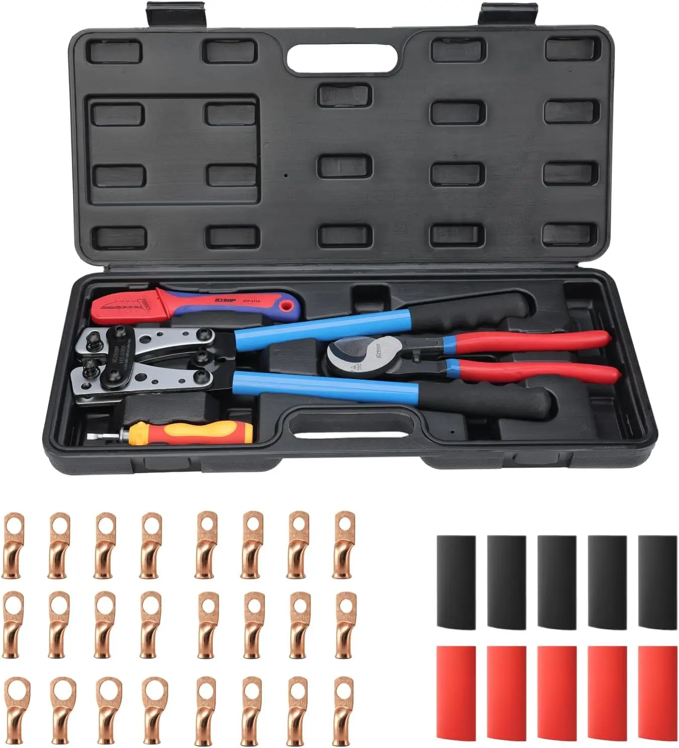 "SPECIAL PROMOTION" Battery Cable Lug Crimping Tool Kit For Copper Lugs Awg 8-1/0,Battery Cable Crimper with Stripper 24pcs Copper Battery Lugs and 10pcs Heat Shrink Tubes, Include Wire Cutter