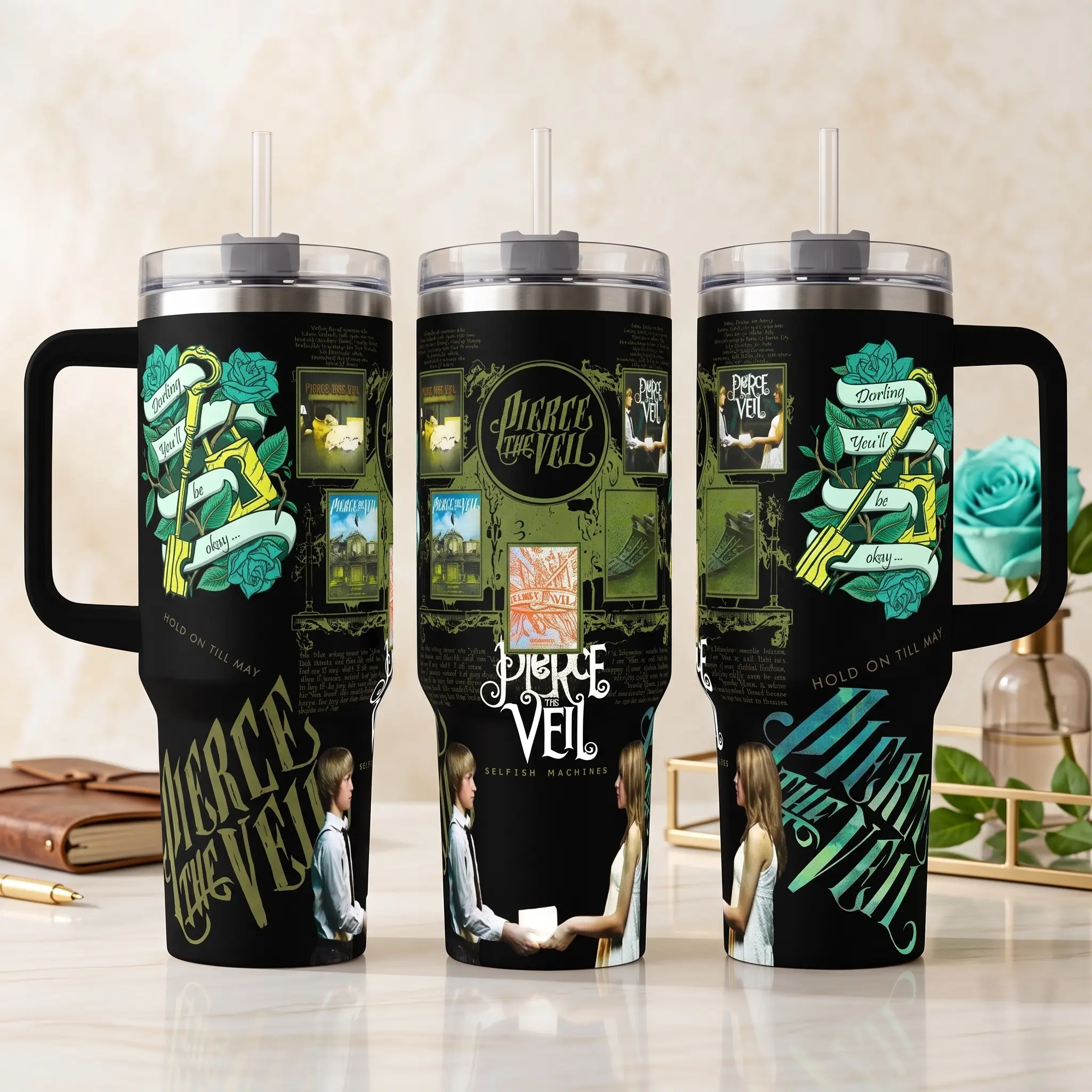 Pierce The Veil Album Tumbler, Post-Hardcore Band 40oz Cup with 30/20oz Handle Travel Mug, Music Fan Gift, Pierce The Veil Inspired Insulated Tumbler Featuring Selfish Machines & Hold On Till May Graphic Design
