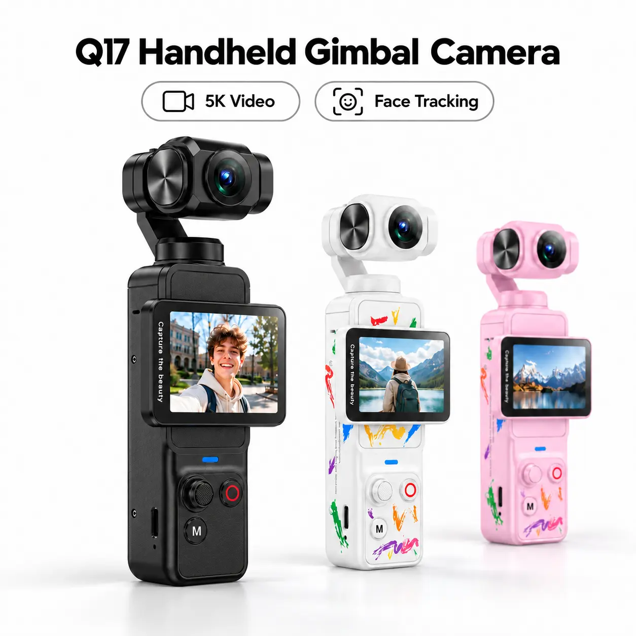 Q17 5K 30fps Handheld Gimbal Camera, 2-Axis Pan & Tilt, Face Tracking, 2.29" Rotating Touchscreen, WiFi App, 75MP Photo Output, Portable Vlogging Camera for Content Creators, Travel, Selfies & Vertical Video