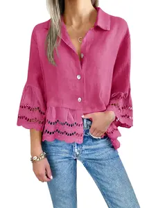 Womens 3/4 Bell Sleeve Button Down Shirts Casual Ruffle Hem Tops Eyelet Blouse