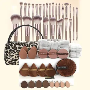 Complete Makeup Set, Makeup Brush Kit with Velvet Beauty Sponge, Multi-Purpose Makeup Brushes, Hairband, Cleaning Cotton, Leopard Print Storage Bag,Gifts For Women