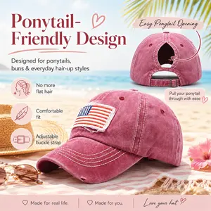 American Flag Ponytail Baseball Cap for Women, Distressed Washed Dad Hat, Adjustable Vintage Curved Brim Trucker Cap, Casual Summer Outdoor Sports Hat