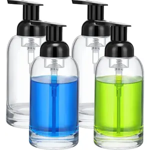4 Pack 13 Oz Clear Jar Soap Dispenser with Foaming Pump, Clear Thick Hand Liquid Dish Soap Dispenser Round for Bath Home Oil