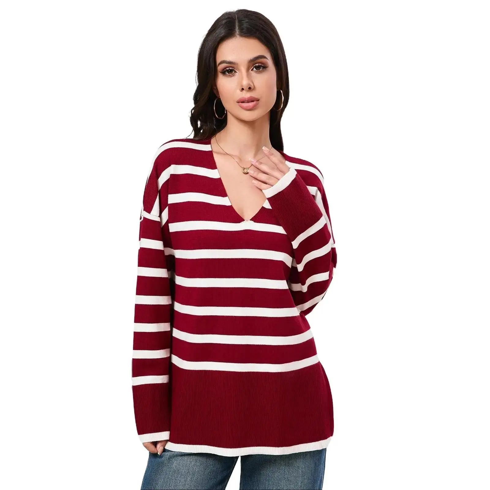 Women's Knit Pullover Sweater Tops Casual Long Sleeve Striped V Neck Warm Thick Knitwear for Autumn Winter Fitted Bridal Knitting