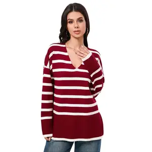 Women's Knit Pullover Sweater Tops Casual Long Sleeve Striped V Neck Warm Thick Knitwear for Autumn Winter Fitted Bridal Knitting