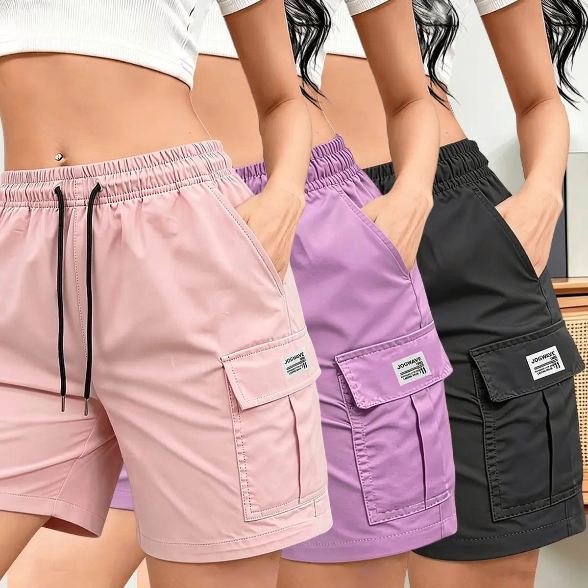 Women’s 3-piece summer fashion casual solid-color cargo pants set featuring a drawstring waist and pockets, paired with simple large patch pockets; suitable for outdoor leisure, sports, everyday fashion wear, and more.