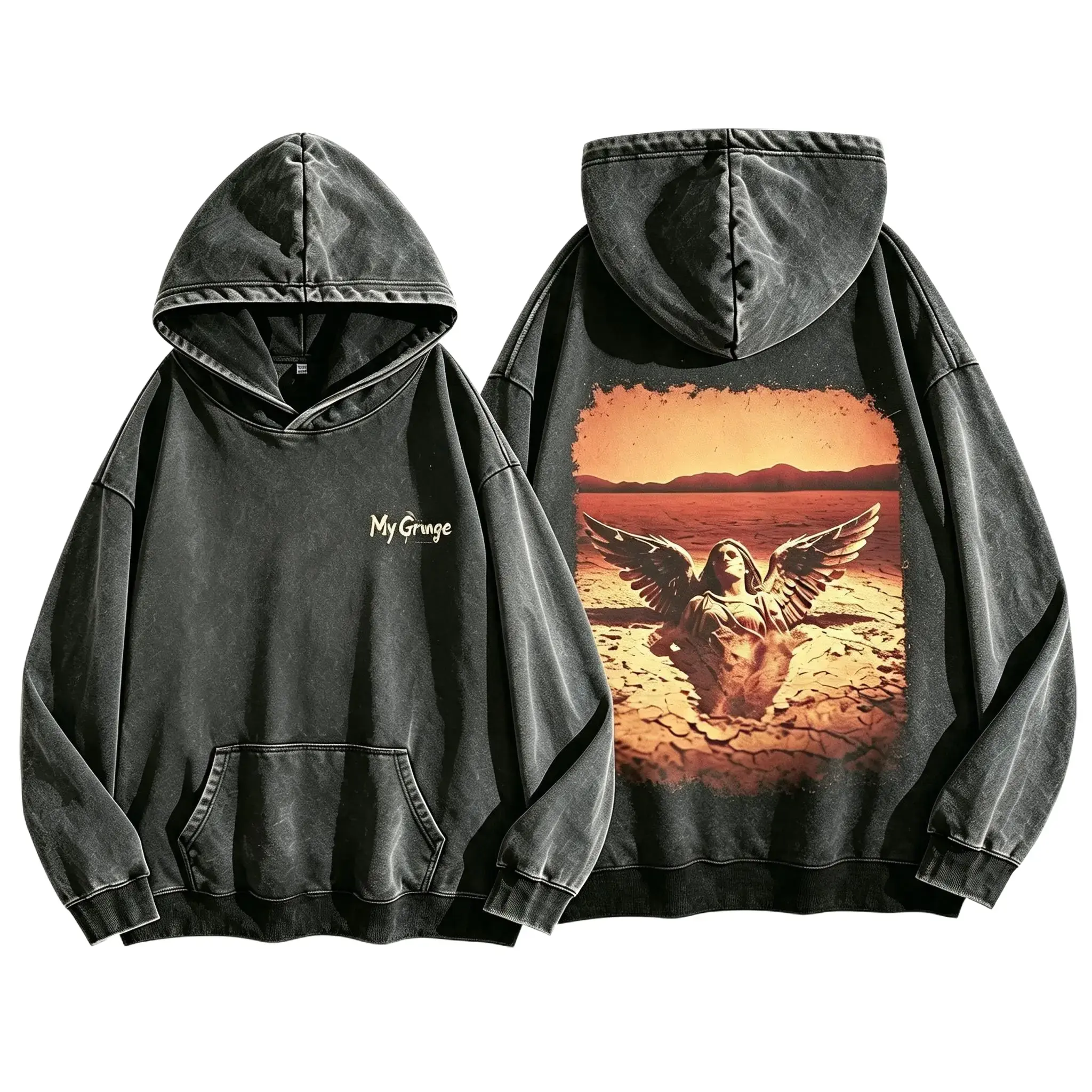 Vintage Acid-Wash "Angels trapped in the wasteland" Graphic Hoodie — 90s Grunge-Style Oversized Unisex Streetwear Pullover