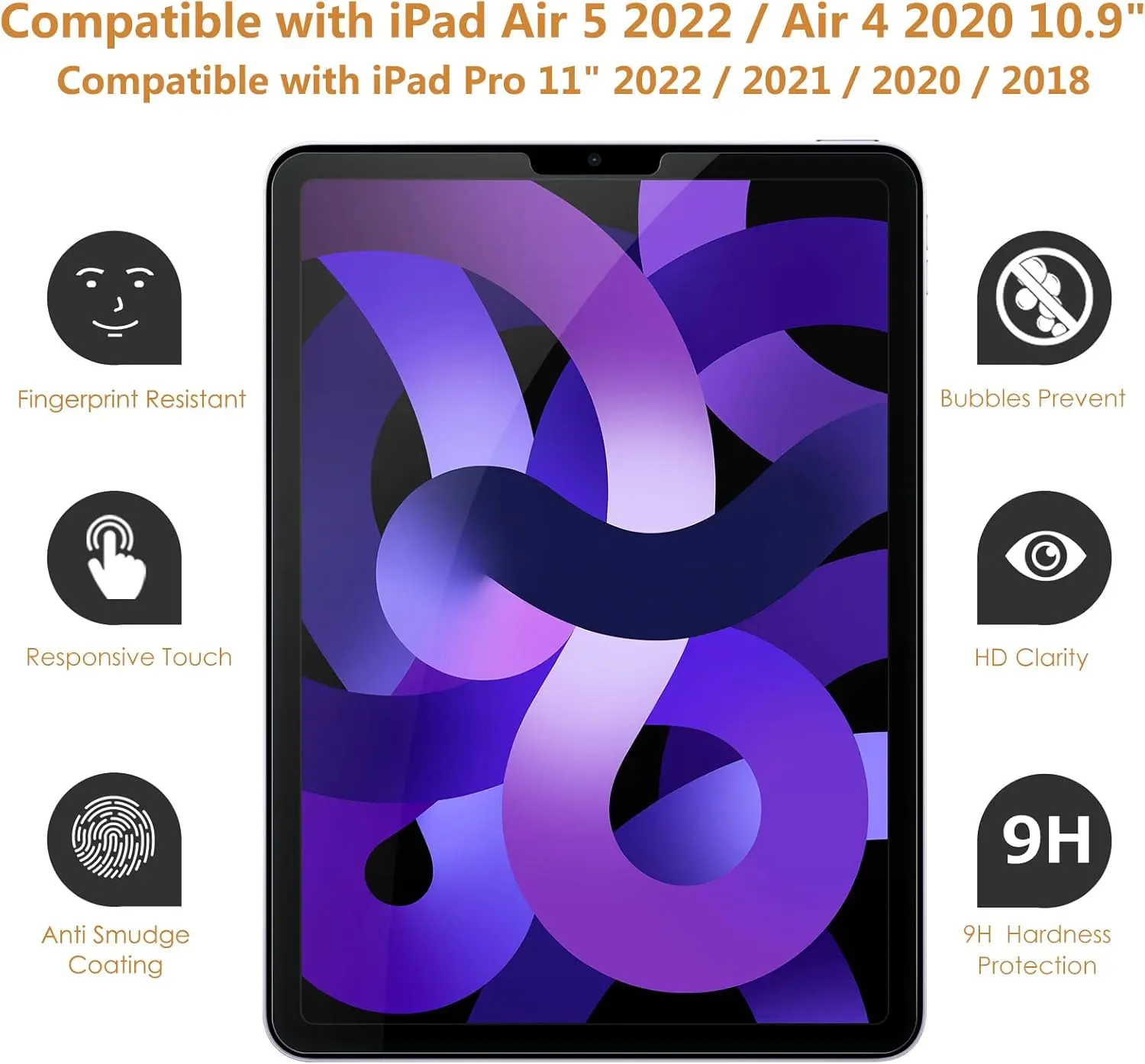 Tablet Tempered Glass Screen Protector Cover (2-Pack) for iPad Air 5/Air 4 (10.9-in, 2022/2020) & iPad Pro 11-in (2022/2021/2020/2018) - Protective, HD Clarity, 9H Hardness, Anti-Shatter, Cutout Fit