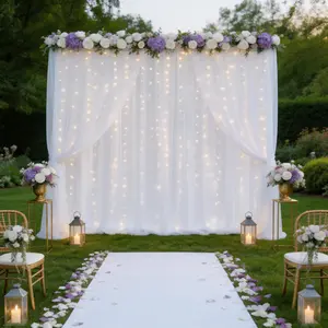 White Sheer Fabric Backdrop with Lights 8 Pcs 5x10ft, Soft Chiffon Drapes with Gentle Cascade for Wedding, Baby Shower, Birthday, Romantic Photo Background