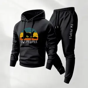 Men's Cozy Cat Printed Hoodie and Drawstring Sweatpants Set, Menswear, Casual Athletic Long Sleeve Hooded Jacket & Trousers for Fall & Winter, Men's Clothing for Daily Wear, Sportswear Indoor Outdoor, Tracksuit, Athleisure Summer Clothes