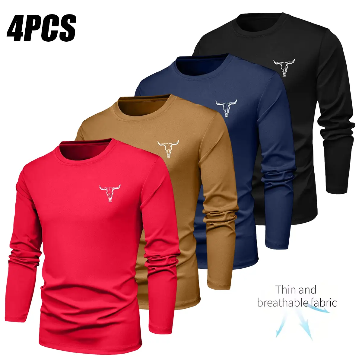 4-pack men’s athletic tops: long-sleeve casual crew-neck T-shirts; outdoor fitness apparel made from polyester fabric—cool, breathable, quick-drying, suitable for everyday workouts, running, cycling, fishing, basketball, and home activities.