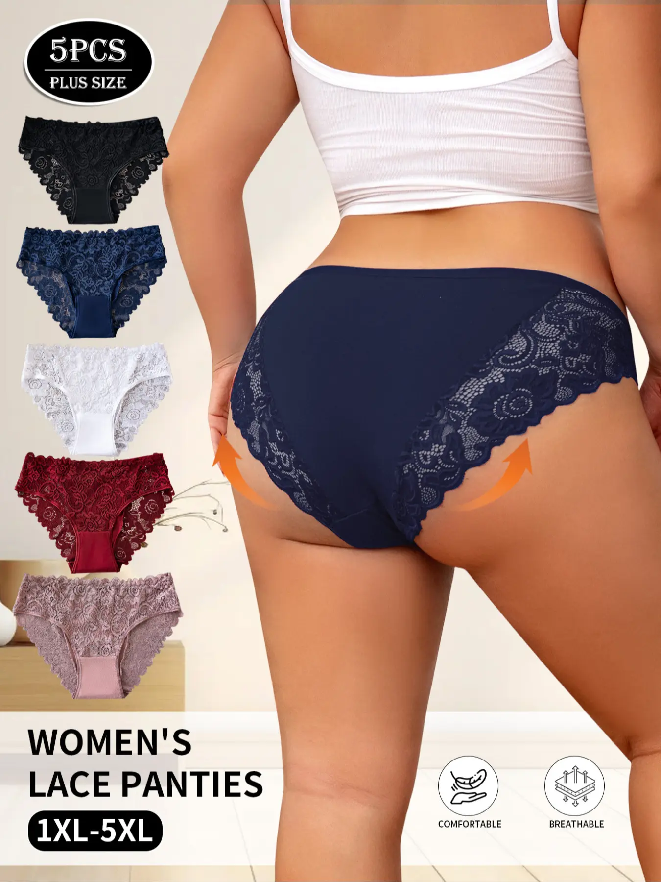 5-piece set of undergarments · Plus-size luxurious set | Buttery Soft Lace Panties (1XL-5XL) | Breathable & All-Day Comfort | Front & Back Flattering Fit | Indulge Your Curves! Soft Breathable Knicker Comfy Breathable Panty
