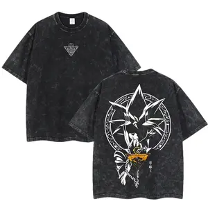Menswear Yu-Gi-Oh Oversized Round Neck T-Shirt - Yami Yugi WashedGrafx Vintage Anime Graphic Tee, Casual Classic Heavyweight Cotton Fabric, Acid Wash Streetwear, Egyptian Magic Circle Gold Millennium Puzzle Back Top, Unisex Harajuku Apparel