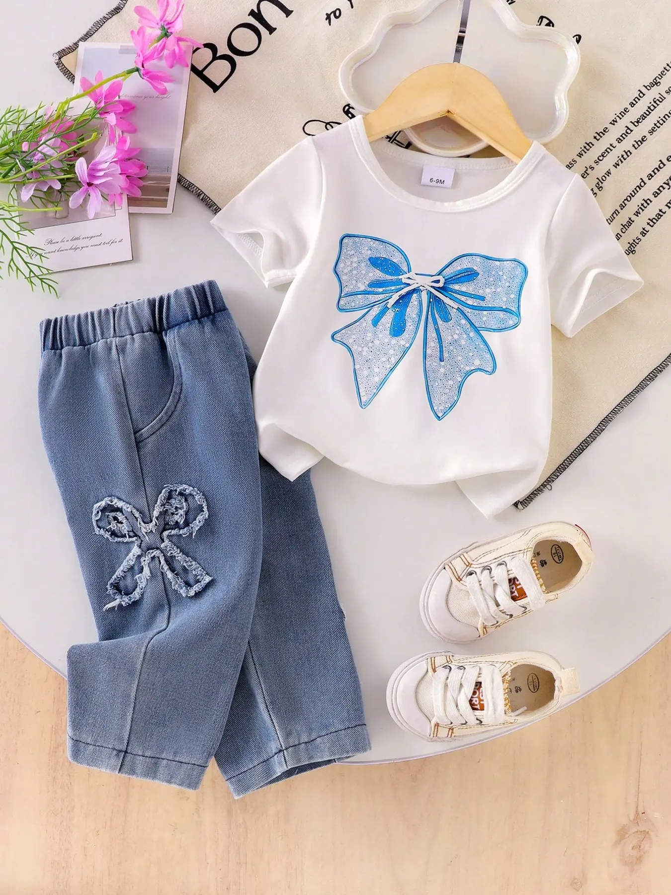 Girls' Fashion Simple 2-Piece Set, Bow Print Round Neck Short Sleeve T-Shirt and Loose Jeans Long Pants, Baby Girl Outfits