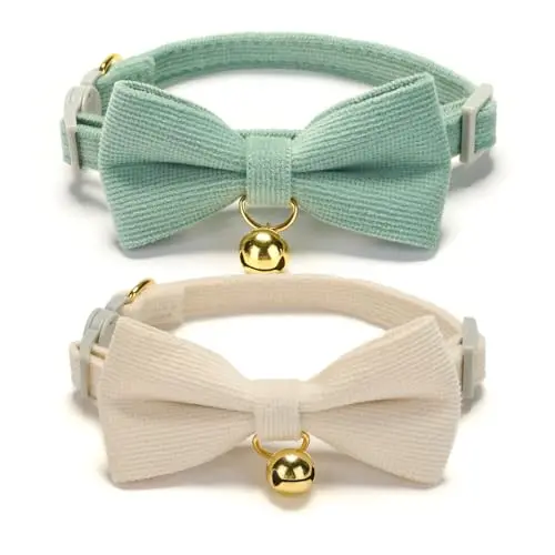 2 Pack Soft Corduroy Cat Collars with Bow Tie & Bell, Adjustable Breakaway Cotton Kitty Bowtie Collar for Girl Boy Kitten (Orange & Green) 2 Pack Soft Corduroy Cat Collars with Bow Tie & Bell, Adjustable Breakaway Cotton Kitty Bowtie Collar for Girl Boy Kitten (Orange & Green)
