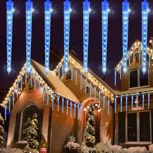 16 Icicles Meteor Shower Lights, 12" Outdoor Icicle Christmas Lights 384 SMD LED Crystal Ice Falling Light, Connectable Raindrop Iciclelight, Xmas Winter Party Tree Holiday Decor, Blue