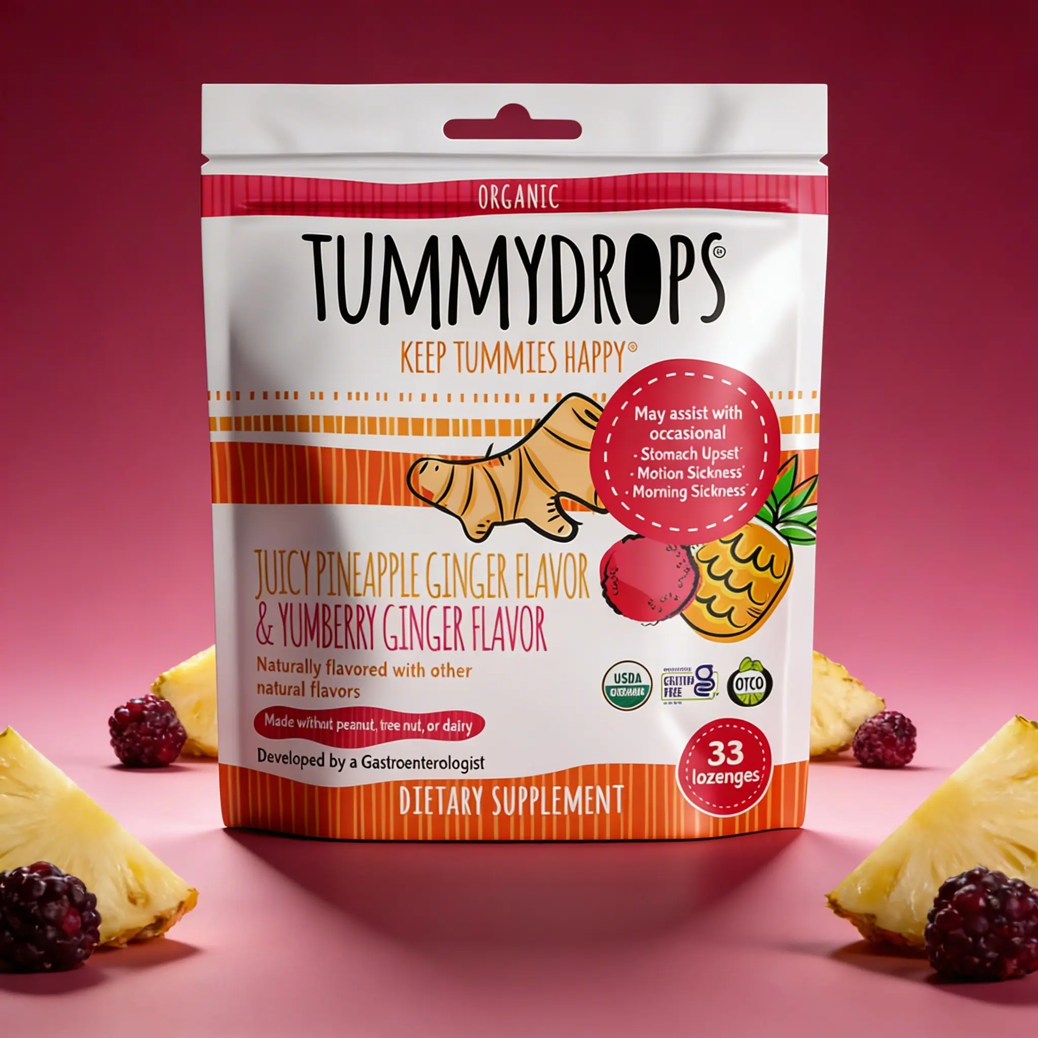 Organic Tropical Ginger Tummydrops (Pineapple & Yumberry) 33 ct