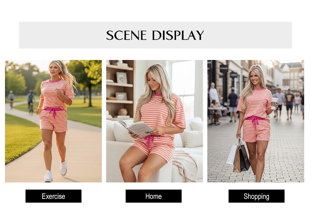 Asvivid Women's Stripe Two Piece Set Drop Shoulder Casual T Shirt & Short Set - 2 Pieces Set Versatile Summer Outfit Clothes