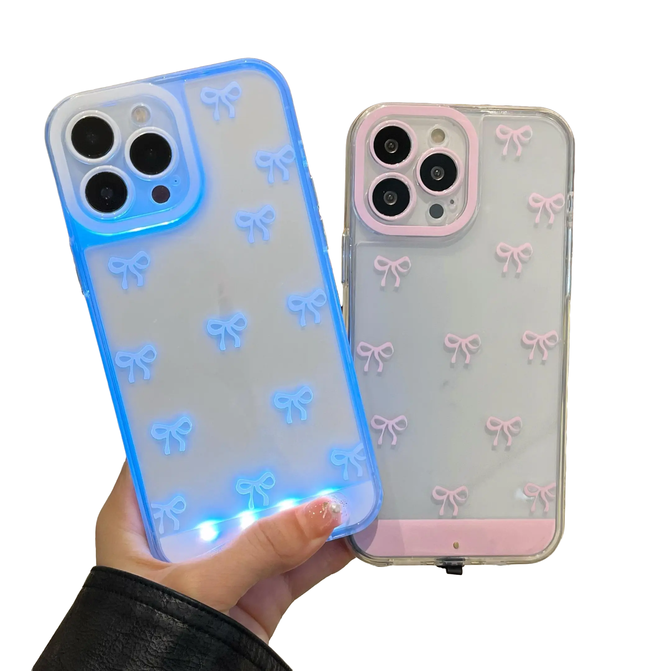 Colorful TPU LED Bowknot Smartphone Case - Protective Cover with Vibrant Lights for iPhone 11/12/13/14/15/16/17 Pro/Pro Max/Plus, Cute Couple Gifts Mobile Phone Accessories