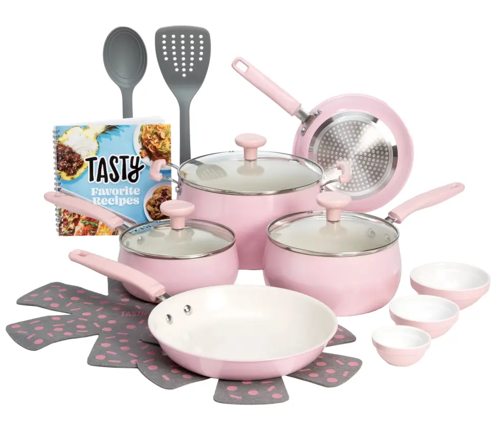 Tasty Clean Ceramic 16 Piece Non-Stick Aluminum Cookware Set, Pink