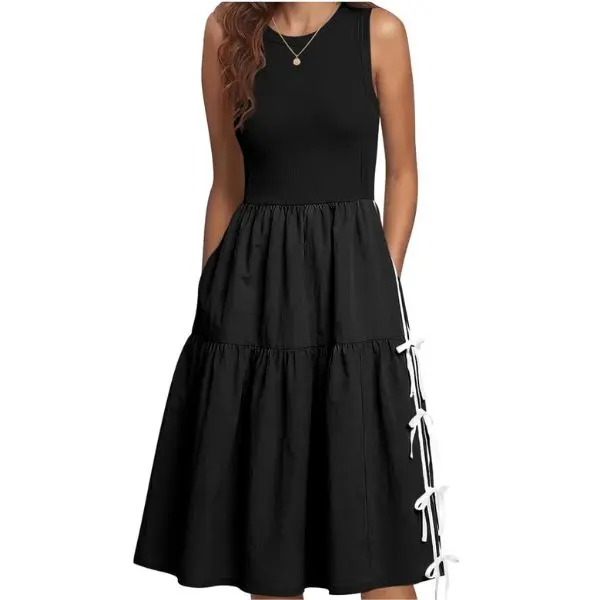 Fisoew Women's Sleeveless Ribbed Knit Patchwork Midi Dress - Self-Tie Bow, Loose Fit, Pockets for Day Wear, Feminine Minimalist Workout Tank Top, Breathable, Denim, Comfortable, Skirt, Cute Casual Dresses, Self-Tie Bows, Breathable Fabric, Side Tie-Up