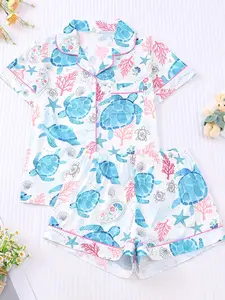 Animal turtle print women's pajama set short-sleeve collared button-up top and loose shorts women's home wear CCRQ