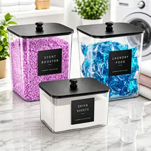 3 Pack Laundry Pods Container & Dryer Sheet Holder - Clear Plastic Laundry Room Organization Storage Containers with Black Lids, Scoops & Labels for Detergent Pods, Powder, Scent Boosters, Beads