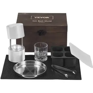VEVOR Ice Ball Press Kit,  Aircraft Al Alloy Ice Press with Ice Block Mold, Large Mat, Tong, Drip Tray, One Glass, Round Ice Ball Maker 2.4"/60 mm Ice Sphere, for Whiskey, Cocktail on Party & Holiday Cube Kitchen