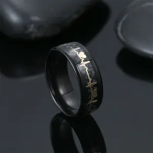 High-Quality Stainless Steel Teardrop Bridal Ring, 8mm Beveled Inlay Black Carbon Fiber with Gold Heart Rate Design, Teardrop Bridal Rings