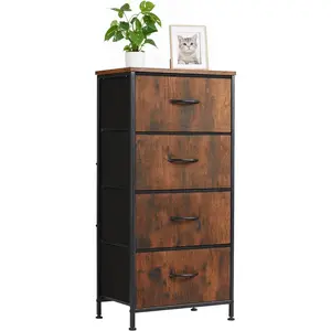 Nightstand with 4 Fabric Drawers, 37.4" H Tall Narrow Bedside Table with Wooden Top Steel Frame for Bedroom, Dorm, Closet, Living Room, Brown