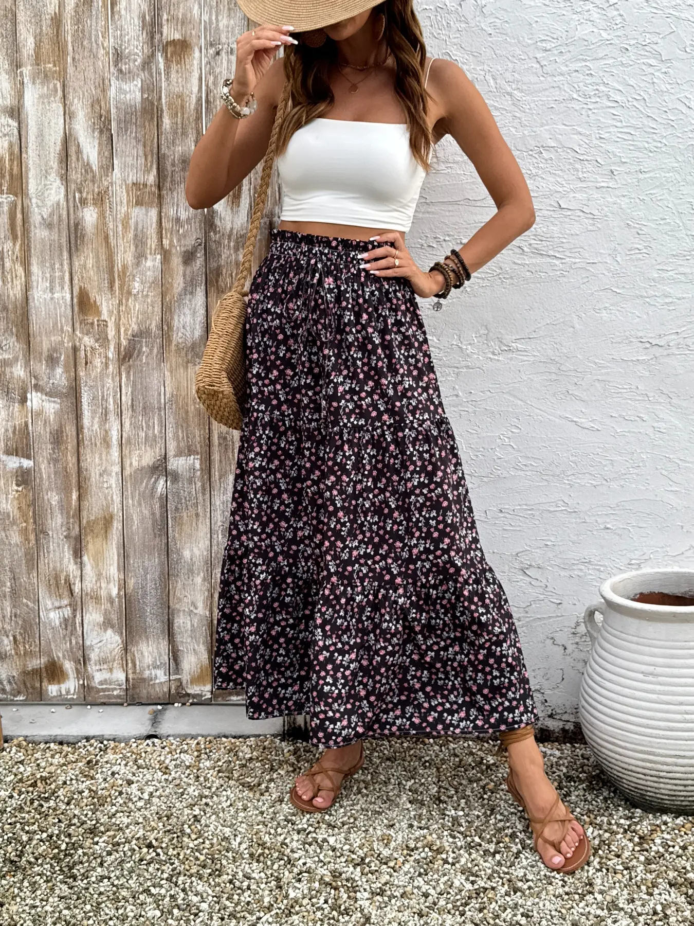 Women's Ditsy Floral Print Long Dress, Casual Boho Bohemian Drawstring  Design, Elastic Waist, Pleated Skirt Hem, Spring & Fall Fashion - TikTok  Shop