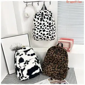 Leopard Pattern Fuzzy Backpack Soft Plush Texture With Adjustable Strap Y2K Stylish Bag For Daily Leisure And Outdoor Activities