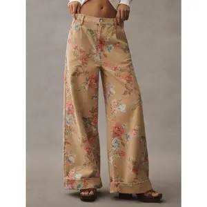 Women's Khaki Yellow Boho Floral Print Wide Leg Jeans with Double Rolled Hem & Front Zipper Closure Regular Fit Denim Bottoms for All Seasons Womenswear