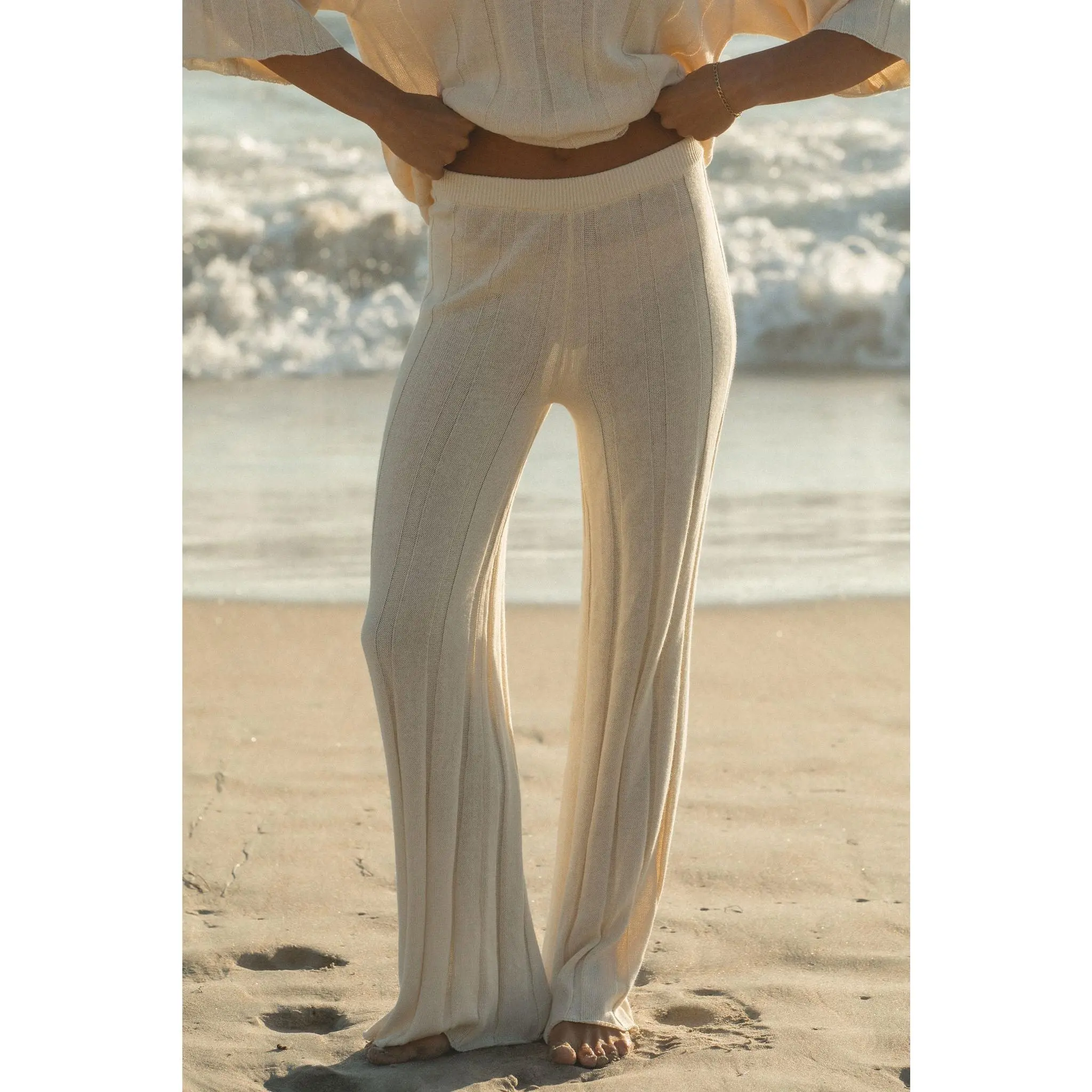 Seashell Ribbed Cotton Blend Sweater Pants