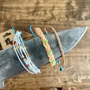 Sea Glass Bracelet Set - Three Matching Adjustable Bracelets with Beads in Great Colors Fully Waterproof Wax Coated for Long Lasting Life