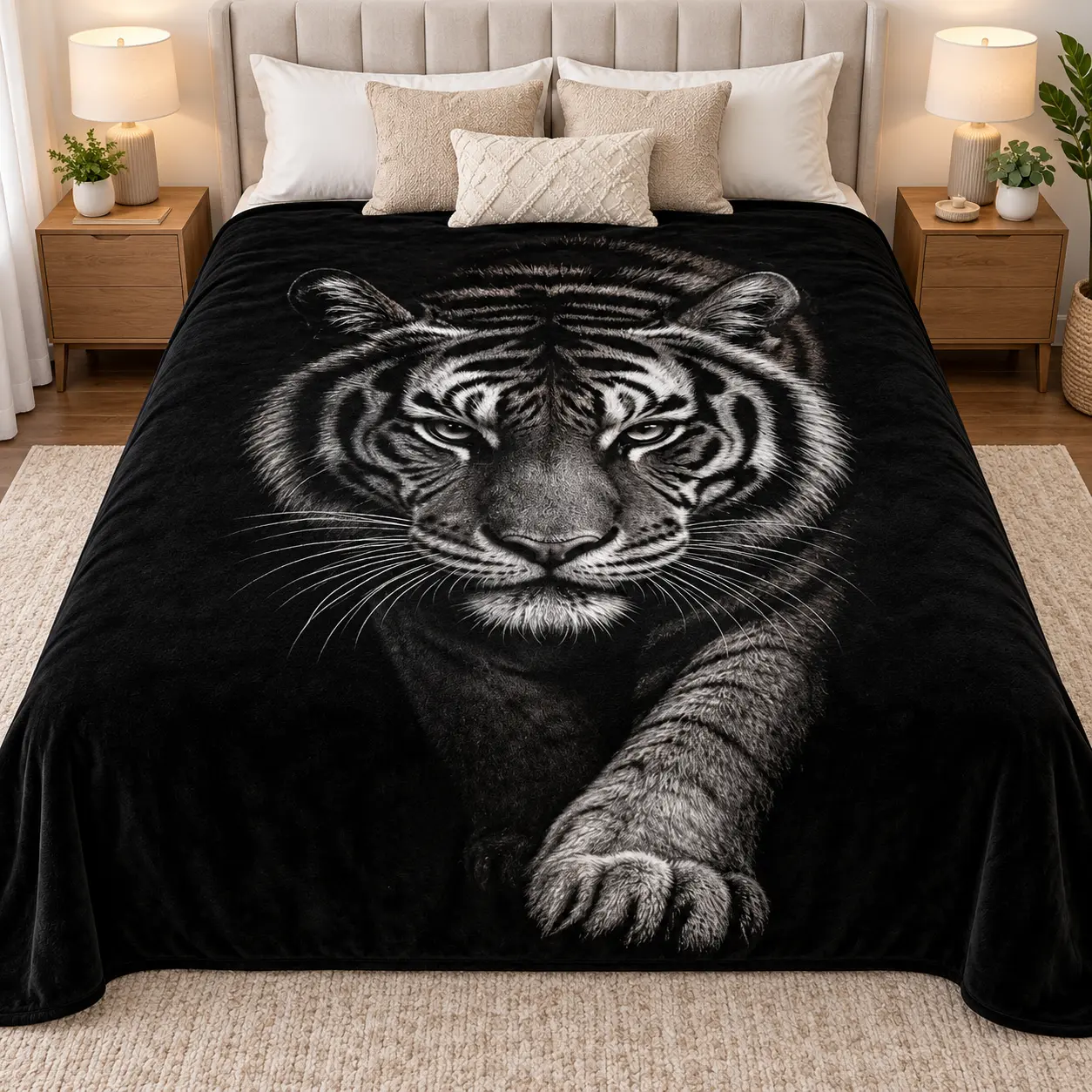 2D Print Realistic Black-White Tiger Flannel Blanket - Soft, Cozy, Warm, Fuzzy Plush Throw with Dark Background, Perfect Birthday Gift for Tiger Lovers, Ideal for Bedroom Sofa Home Decor