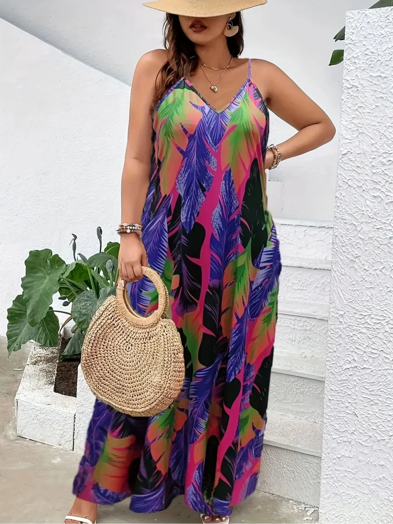 Women's Plus Size Bohemian Boho Floral Leaf Print Dress, Casual Loose Strap Design, Perfect for Summer and Daily Wear, Vibe