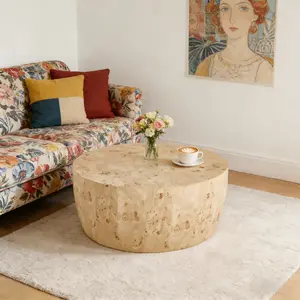 34.65" MDF Round Table Modern Industrial No Assembly Required Drum Coffee Table Both sides can be used for Home Kitchen