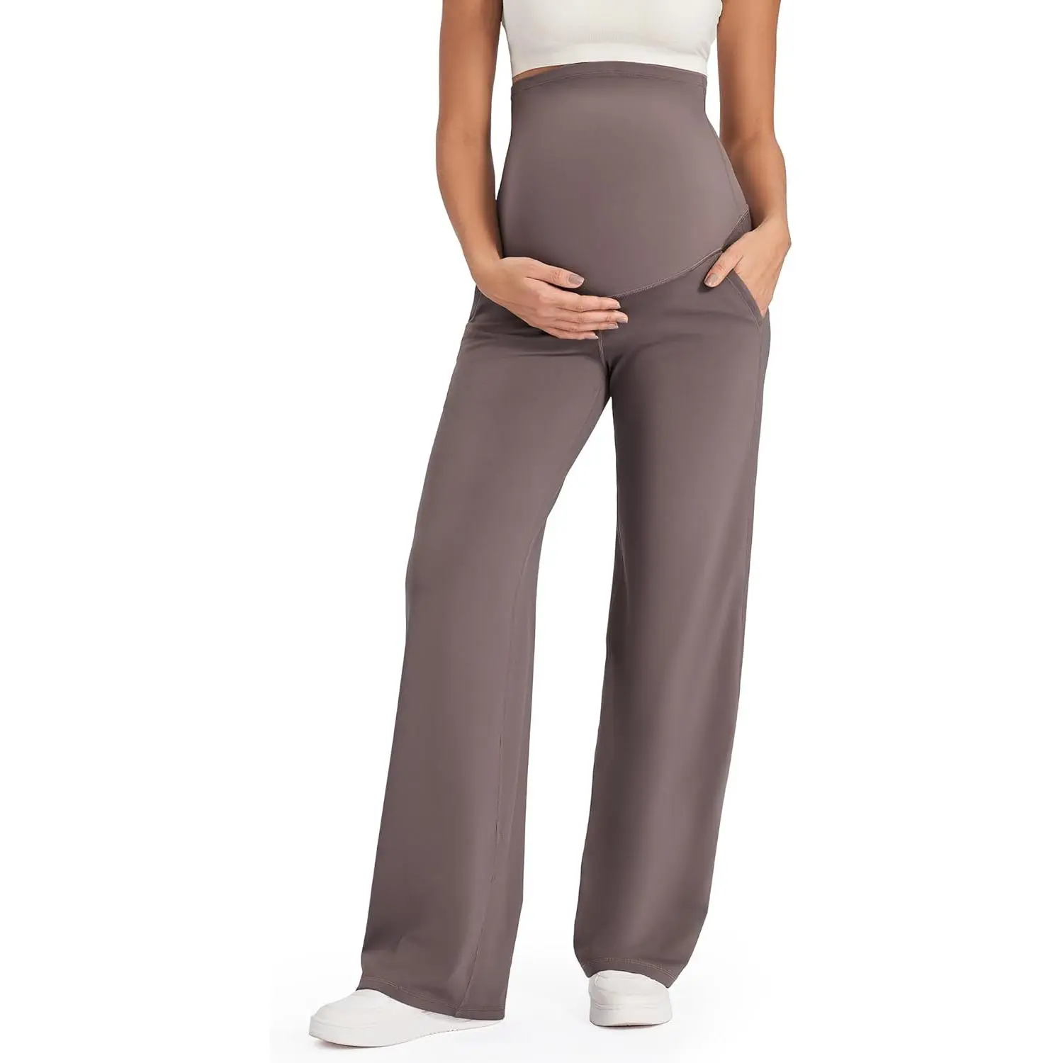 Women's Over The Belly Maternity Long Pants - Regular Size, Stretchy Fabric, Work Wear with Pockets, Trousers