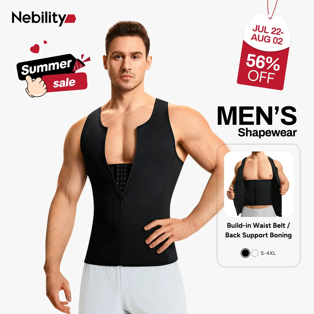 【Nebility】Men's  Waist Trainer Trimmer Compression Vest Steel Bone Support  Outdoor Sport Exercise Athletic Shapewear Fitness Zipper,fathersdaygift