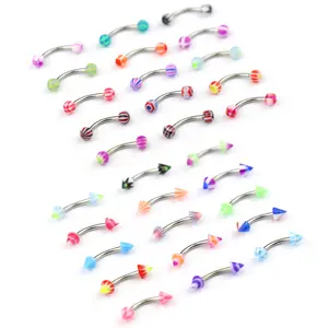 30 Pcs Colorful Acrylic Curved Barbell Set, Stainless Steel Ball & Spike Nose Rings, Hypoallergenic Belly Button & Cartilage Piercing Jewelry Bulk Pack