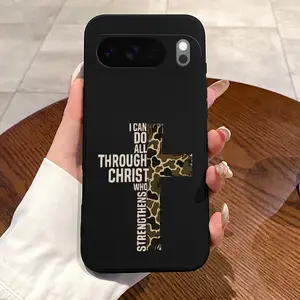 Rounded Edge Phone Case for Google Pixel 10 9 8 7 Pro A XL Christian Cross Motto Pattern Anti-Scratch Shockproof Soft Liquid Silicone Protective Cover Smartphone Casing