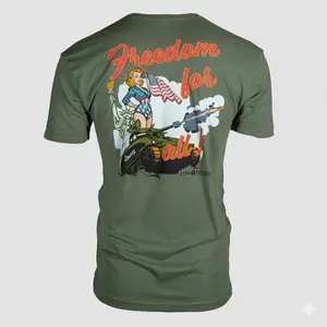 Freedom For All Tactical T-Shirt – Zero Foxtrot Patriotic Vintage Pin-Up Girl Tee, American Flag Liberty Tank Graphic Shirt, Retro WWII Military Veteran Apparel Gift for Men