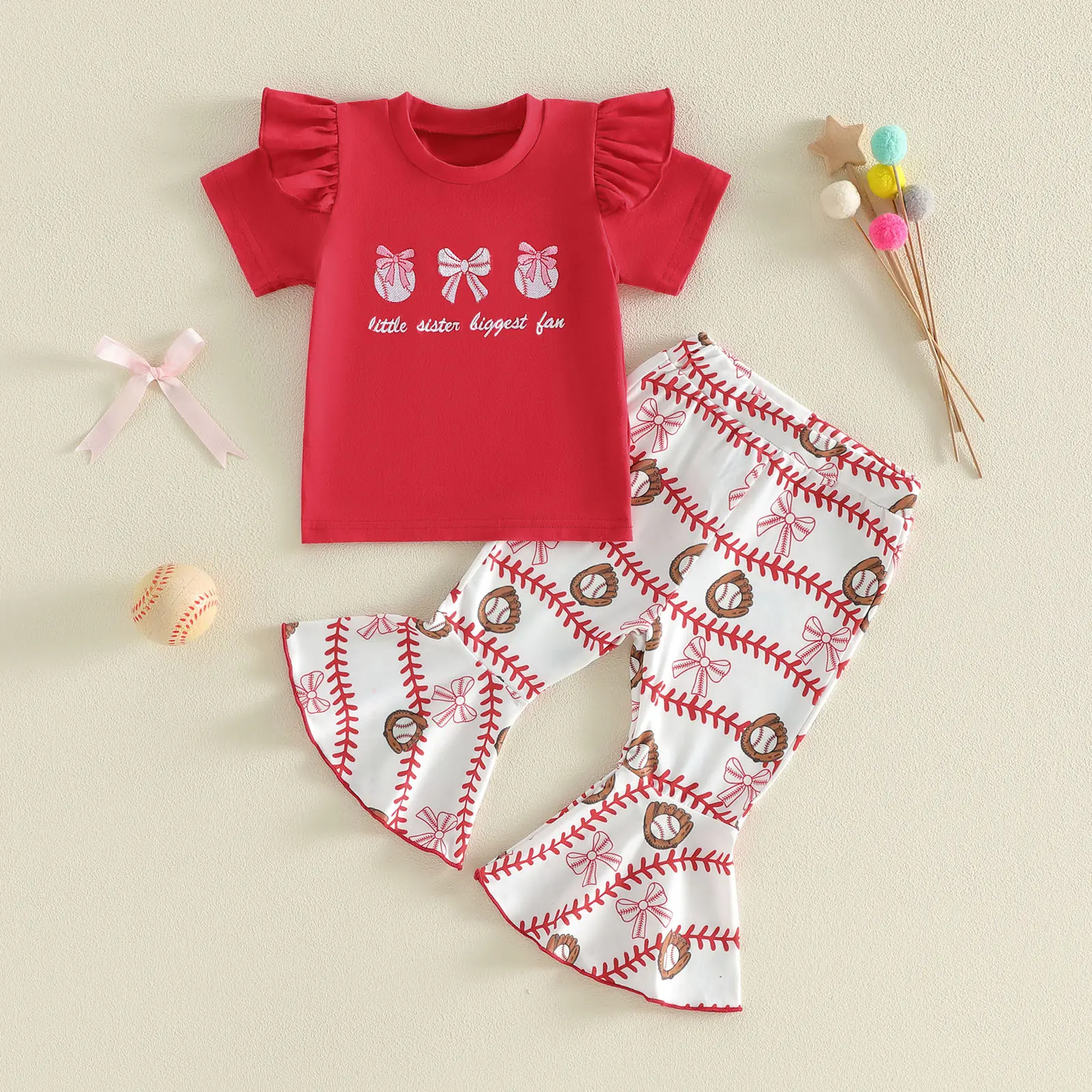 Toddler Baby Little Girl Summer Outfits Baseball Bow Pattern Ruffled Trim Short Sleeve Tops and Flared Pants Set 6M-4T