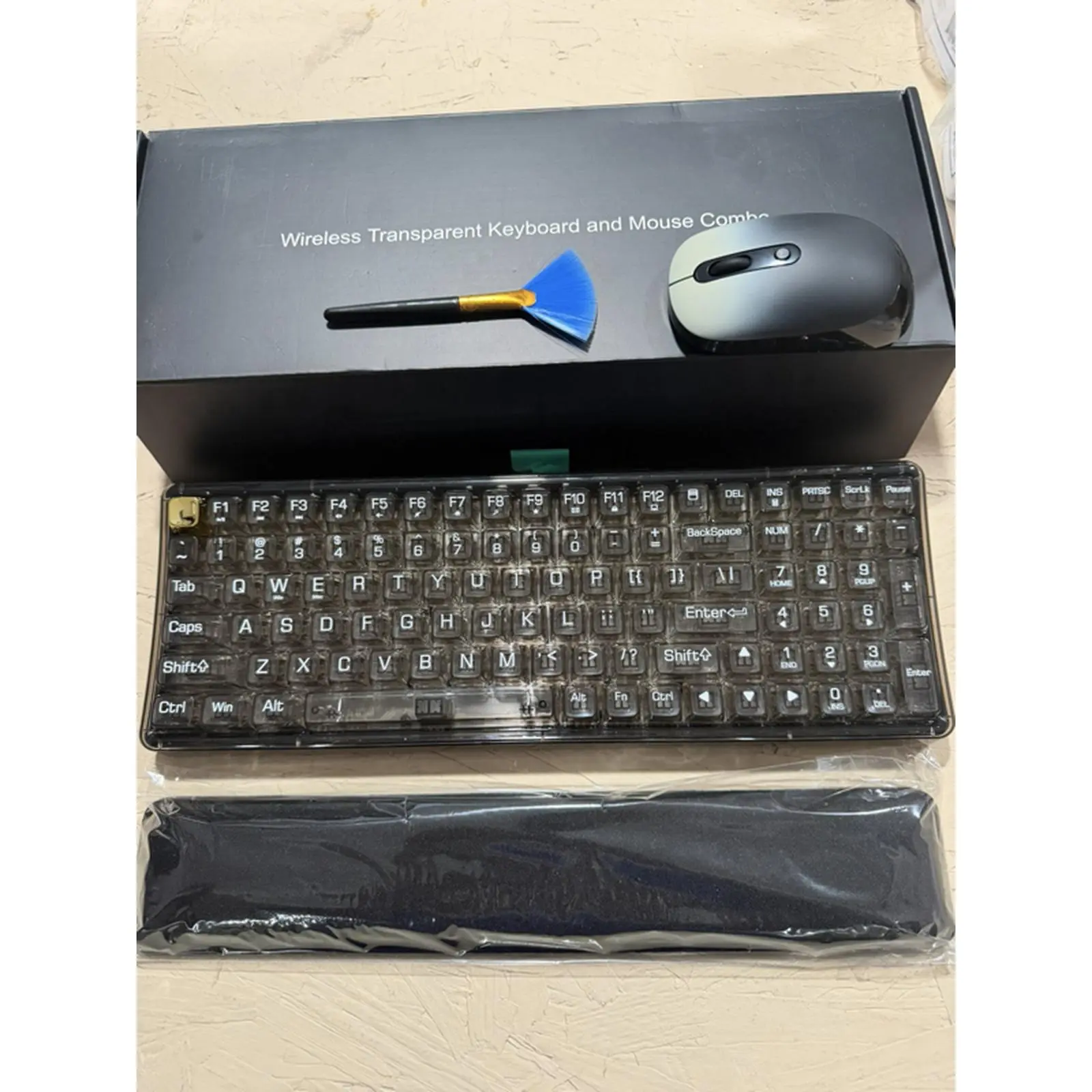 New Black Wireless Keyboard and Mouse Set with Full-Size Keyboard, Number Pad, Wrist Rest, Cleaning Brush, USB Receiver, and Original Box for Home, School, or Office Use