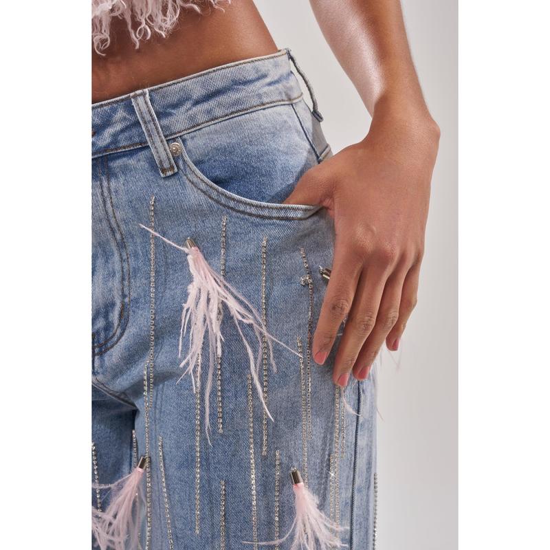 SHAKE IT FOR ME GIRL FEATHER EMBELLISHED DENIM